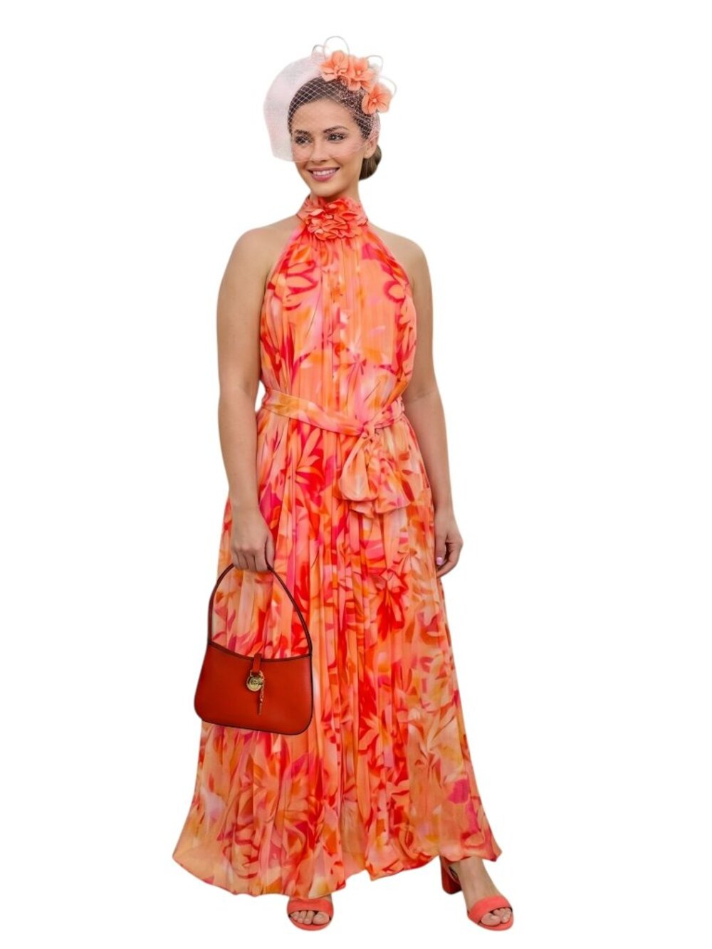 Alex Marie Jane Orange Floral Pleated Halter Midi Dress Size SZ:6. Wedding Guest